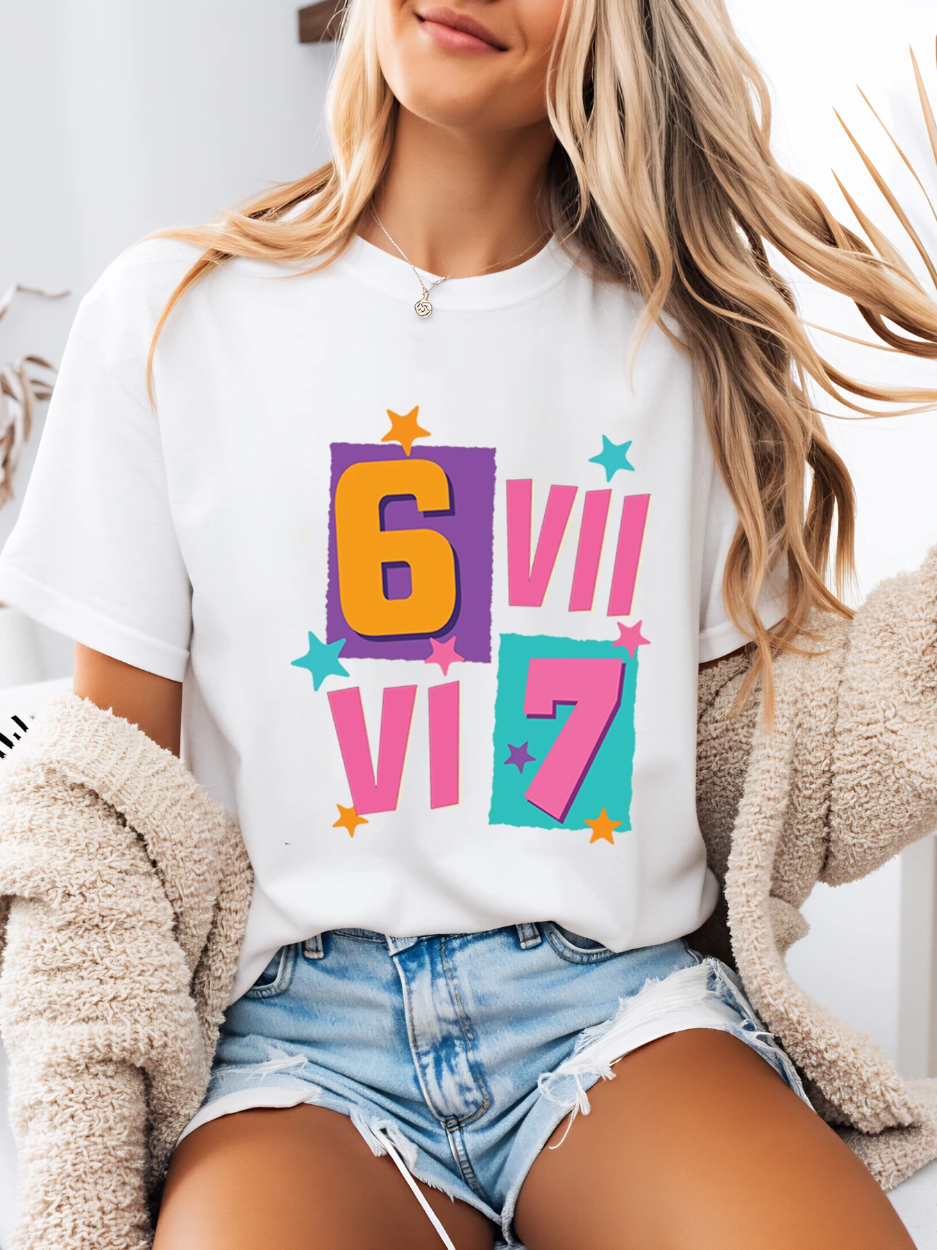 6月7日 誕生日お祝い グラフィックTシャツ レディース カジュアル 夏服 ホワイト プラスサイズ