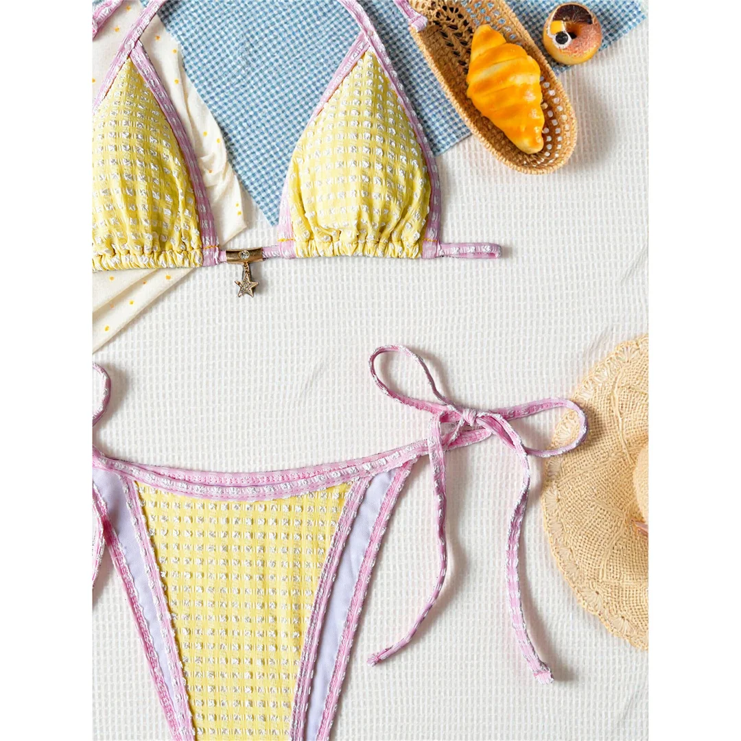 Neuer kariertes Neckholder-Bikini, Damen-Badeanzug, zweiteiliges Bikini-Set, mit Trägern, hohem Beinausschnitt, Badebekleidung, Badeanzug, Modell V8491 – Detail 8