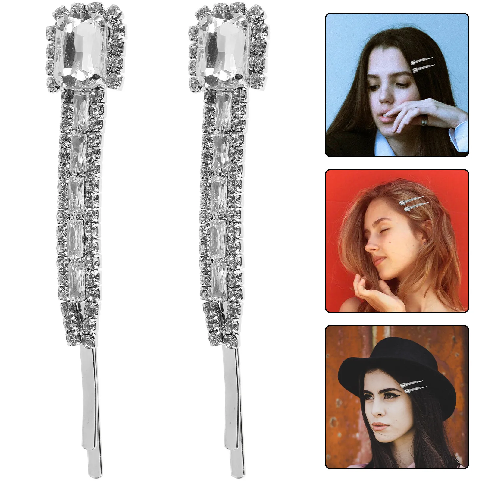 2Pcs Rhinestone Hair Clip Iron Bobby Pin Sparkling Bling Decorative Hair Jewelry Accessories for Women Wedding Prom Party