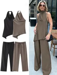 HH-Conjunto de pantalones lisos Vintage para mujer, camisola Sexy con espalda descubierta y cuello Halter, camiseta sin mangas asimétrica + pantalones con cordón, ropa de calle de moda