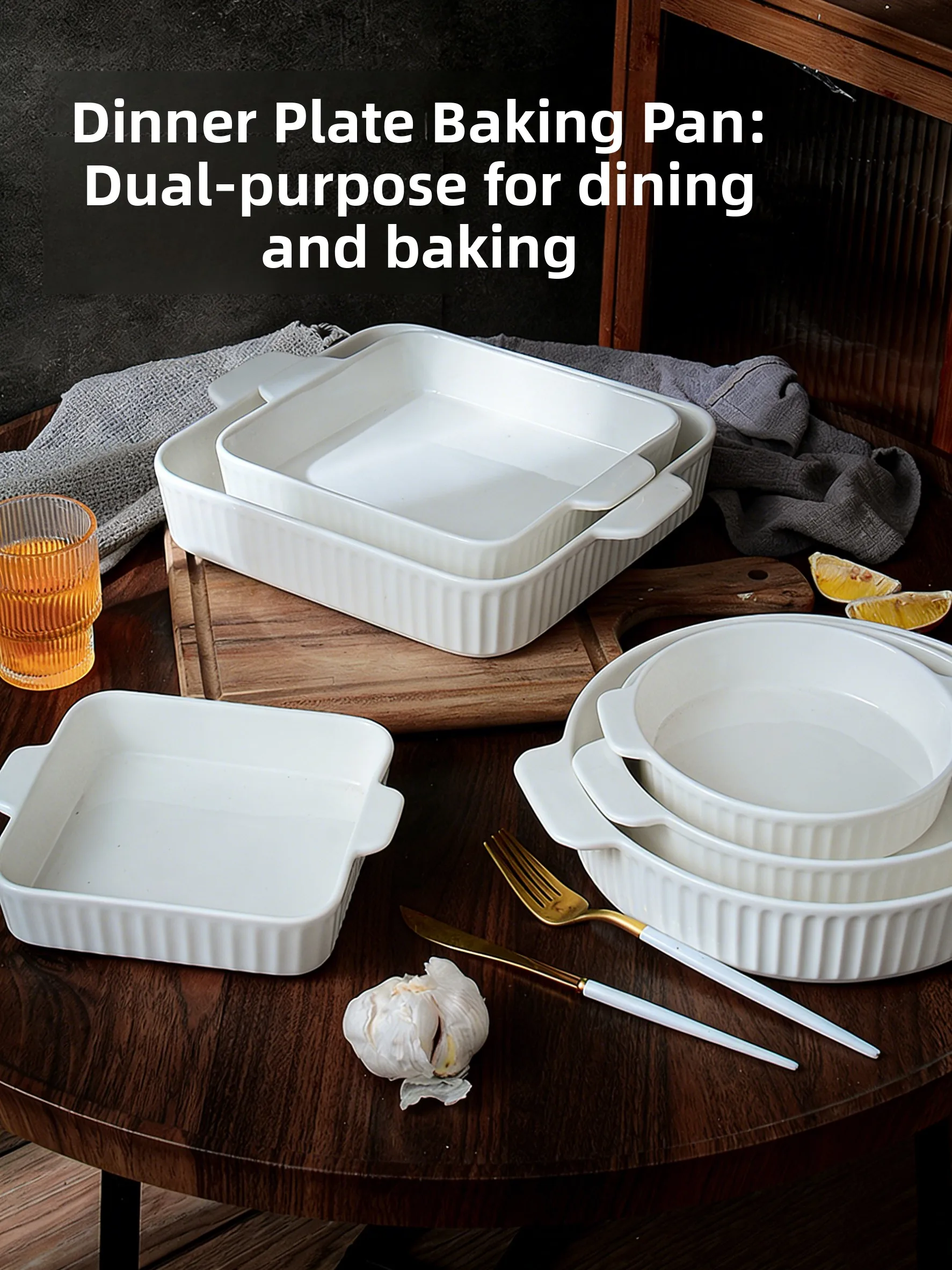 

Ceramic Double Ear Baking Tray round Square with Handle Microwave Oven Western Dinner Plate Crawfish Roast Chicken Baked Rice...