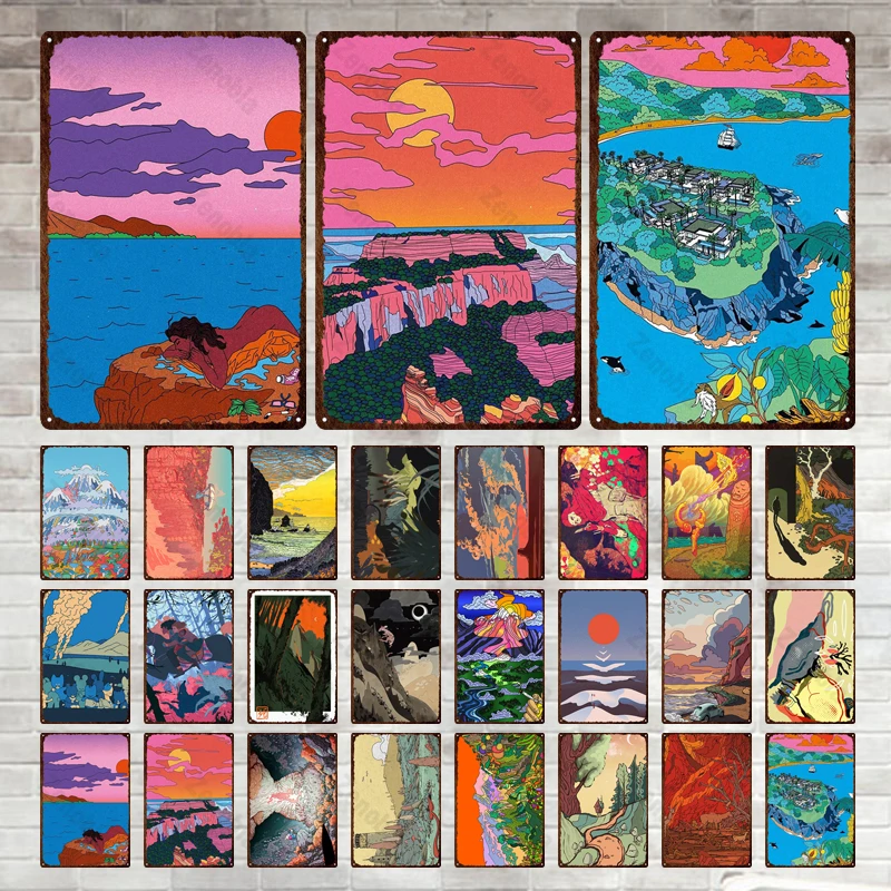 

Graffiti Landscape Metal Sign Vintage Travel Tin Posters Shabby Original Abstract Metal Plaque Plate Garden Home Decoration Gift