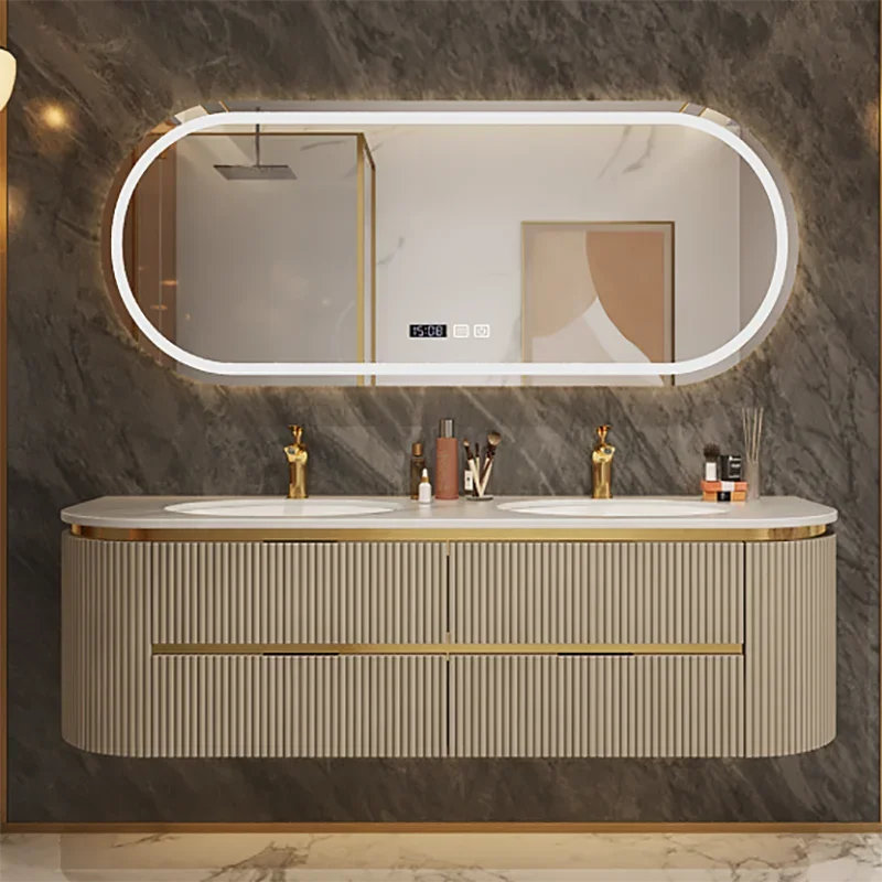 Curved ribbed wall-mounted bathroom vanity with light suitable for families