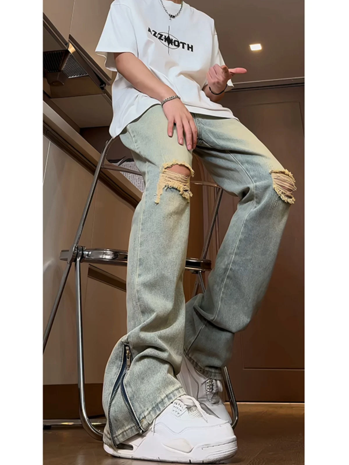 

American Sle Vintage Blue Men's Jeans High Street Vibe Summer Straight Leg Zipper Cuffed Jeans Trendy Straight Fit Jeans