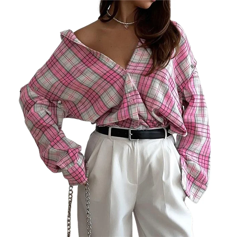 

ABRT-Women's Pink Button-Down Shirt Long Sleeve Plaid Shirt Business Casual Detachable Long Sleeve Lapel Shirt Top