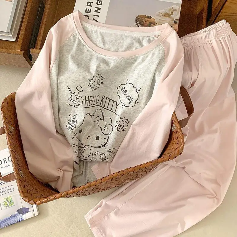 

Комплект пижам Sanrio Hello Kitty для женщин: домашняя одежда из ледяного шелка и хлопка для весны и осени, с мягким бюстгальтером, круглым вырезом, длинными рукавами, для ношения на улице
