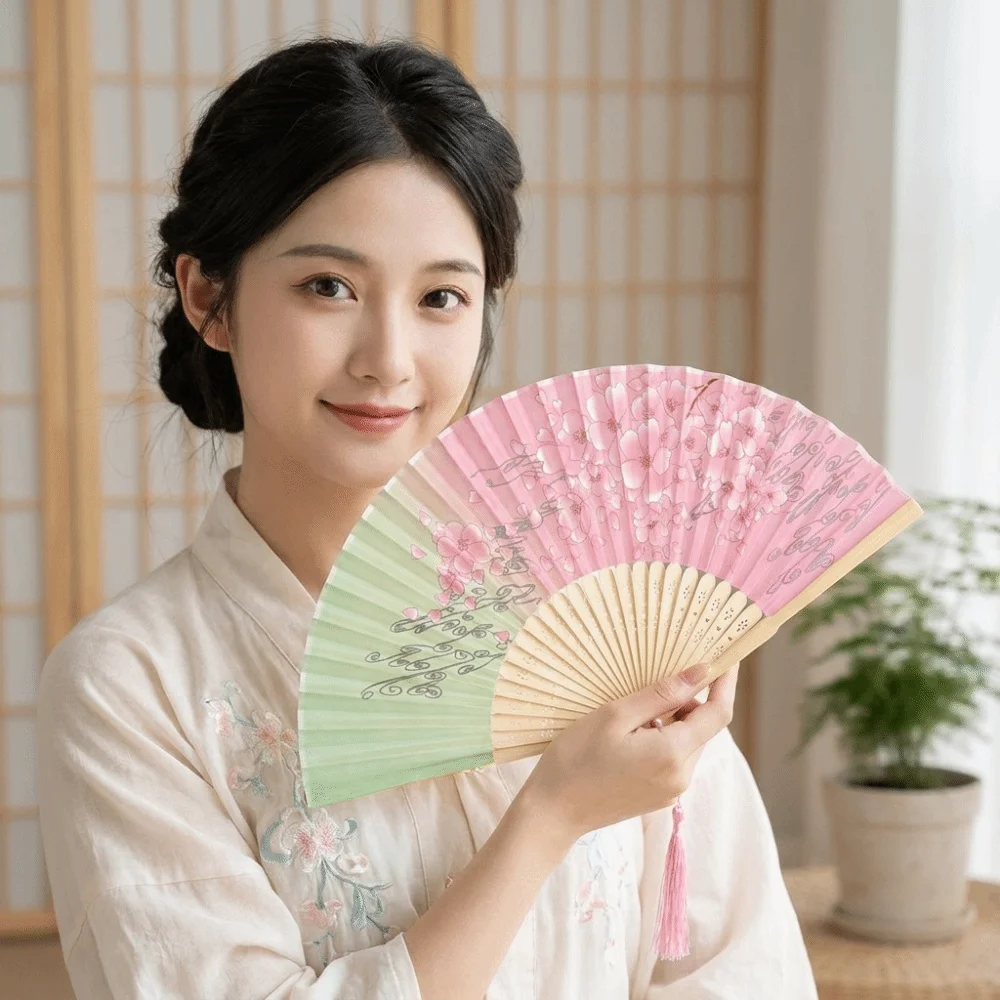 Vintage Chinese Folding Fan Floral Print with Tassels Hand Fan Creative Decorative Hand Cranked Fan Dance Performance