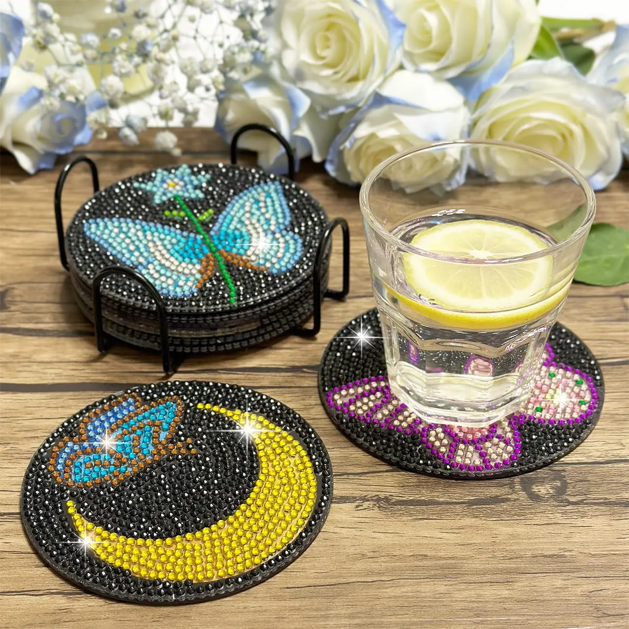 6PCS/Set DIY Wood Butterfly Diamond Painting Coaster Special-Shaped Drill Point Drill Coaster Cup Cushion with Rack Decor Gifts