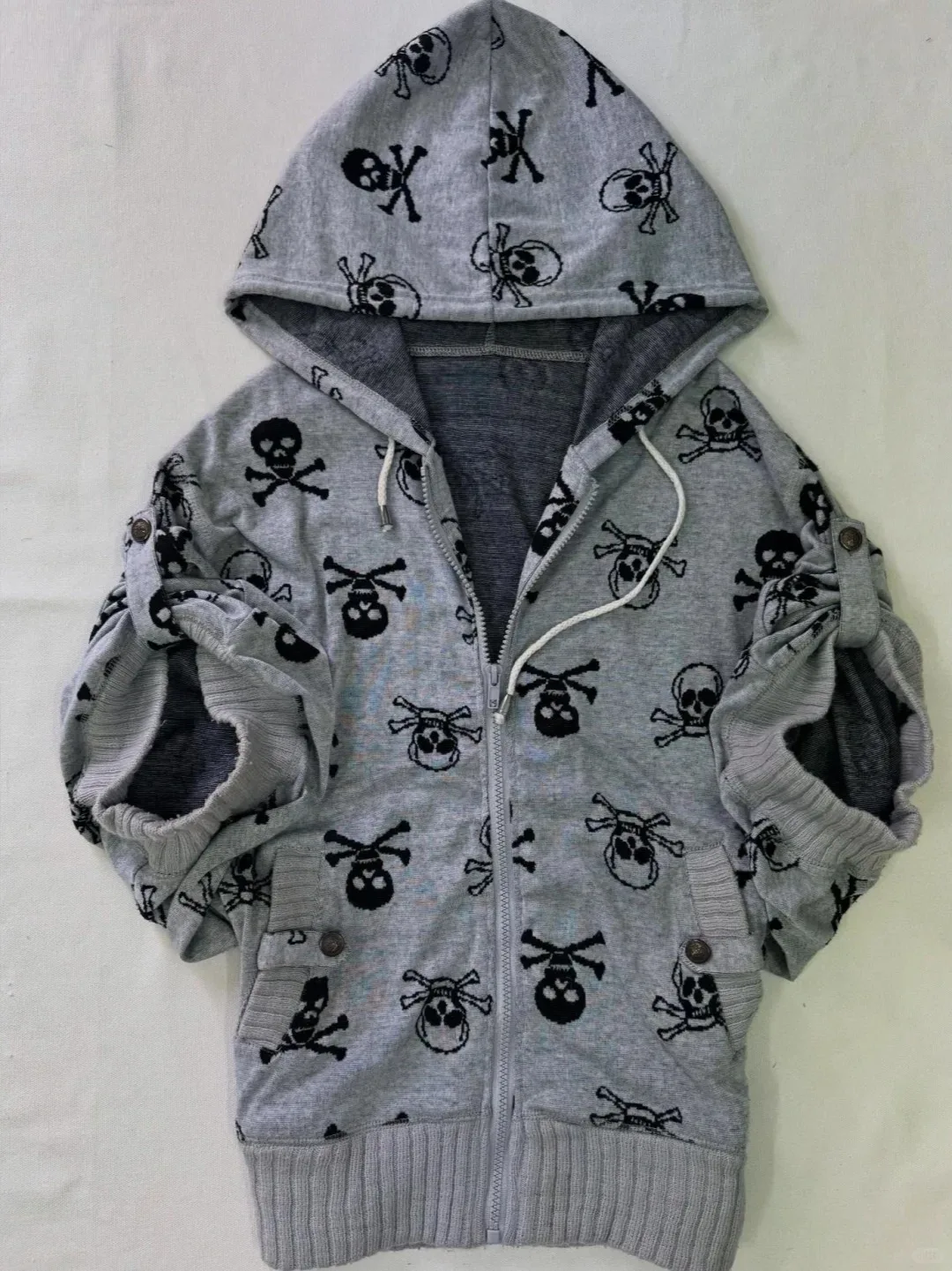 Bluza z kapturem z nadrukiem czaszki w stylu vintage, ubrania Y2k, bluza z lat 90., punk, gotyk, estetyka high street, płaszcz Harajuku, luźny krój, zapinana na zamek, moda zimowa