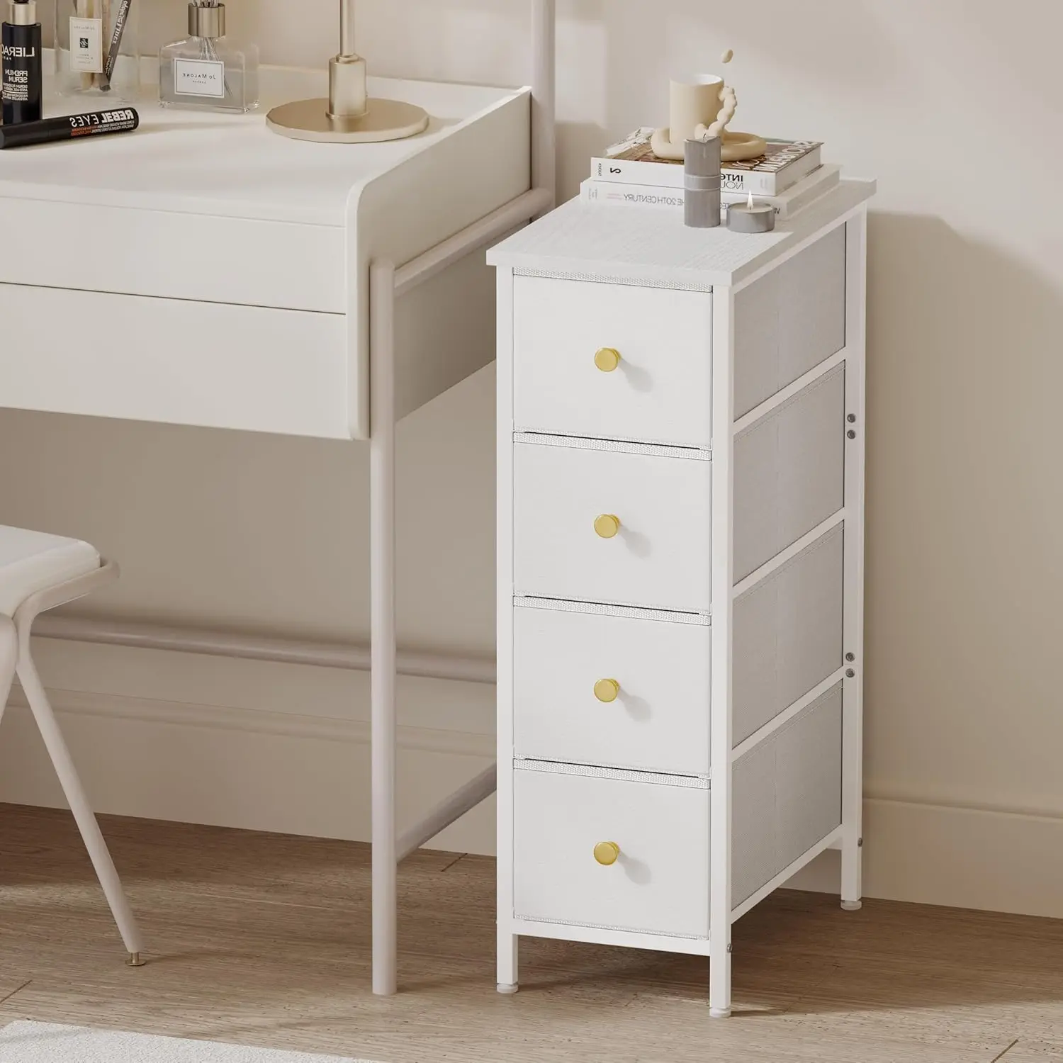 

Slim Fabric Dresser with 4 Drawers, Narrow Storage Cabinet for Small Spaces in White