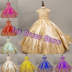 Magnificent High Quality Flower Girl Dress Satin Fluffy With Gold Applique For Kids Wedding Birthday Party Ball Evening Gowns