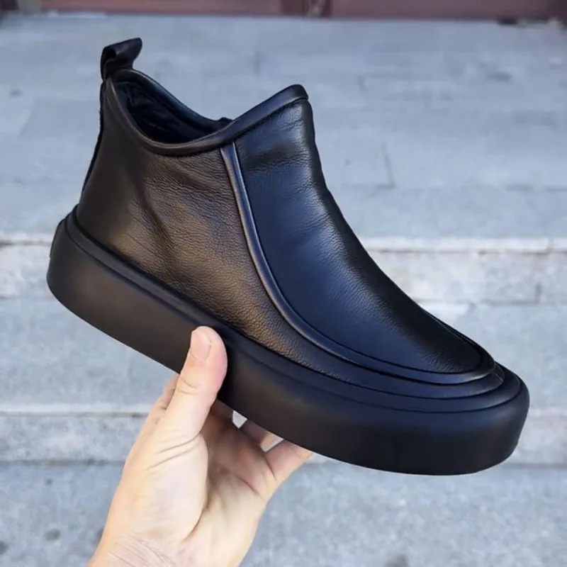 Faux Leather Warm Lined Slip-On Platform Ankle Boots Chunky Sole Non-Slip Comfortable Casual Shoes Trendy Winter Cold Weather