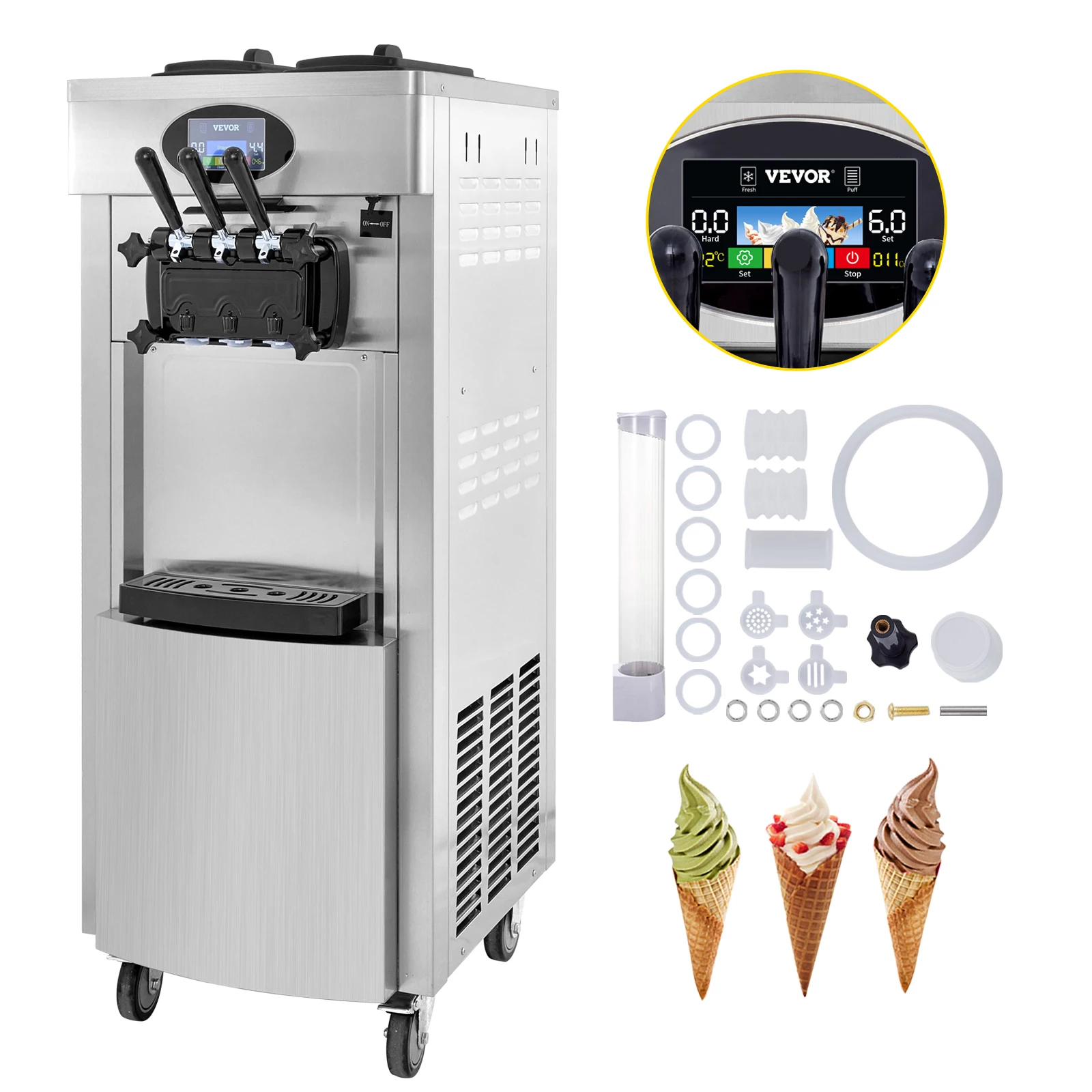 VEVOR 2200W Commercial Soft Ice Cream Machine 3 Flavors 5.3-7.4 Gal/H PreCooling at Night Auto Clean LCD Panel for Restaurants