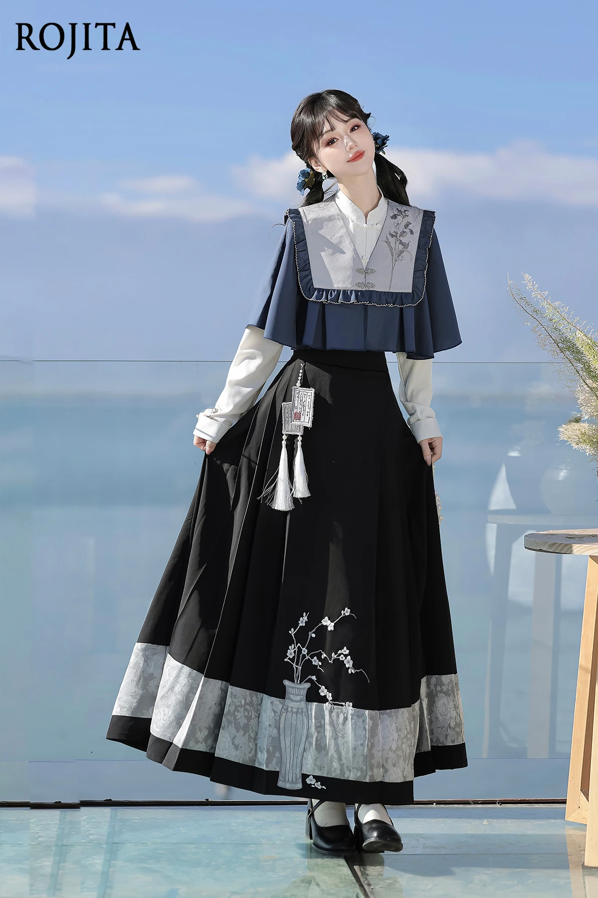 New Chinese Style Half Skirt Sets Women Night Rain Scholarly Han Element Long Sleeve Top Half Skirt Shawl Set Three-Piece Set
