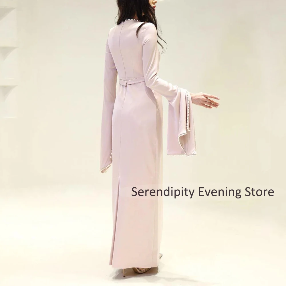 2025년 진주 장식 롱 슬리브 O넥 사우디 아라비아 웨딩 게스트 여성용 컬럼 파티 드레스, 등 트임 벨트 이브닝 드레스