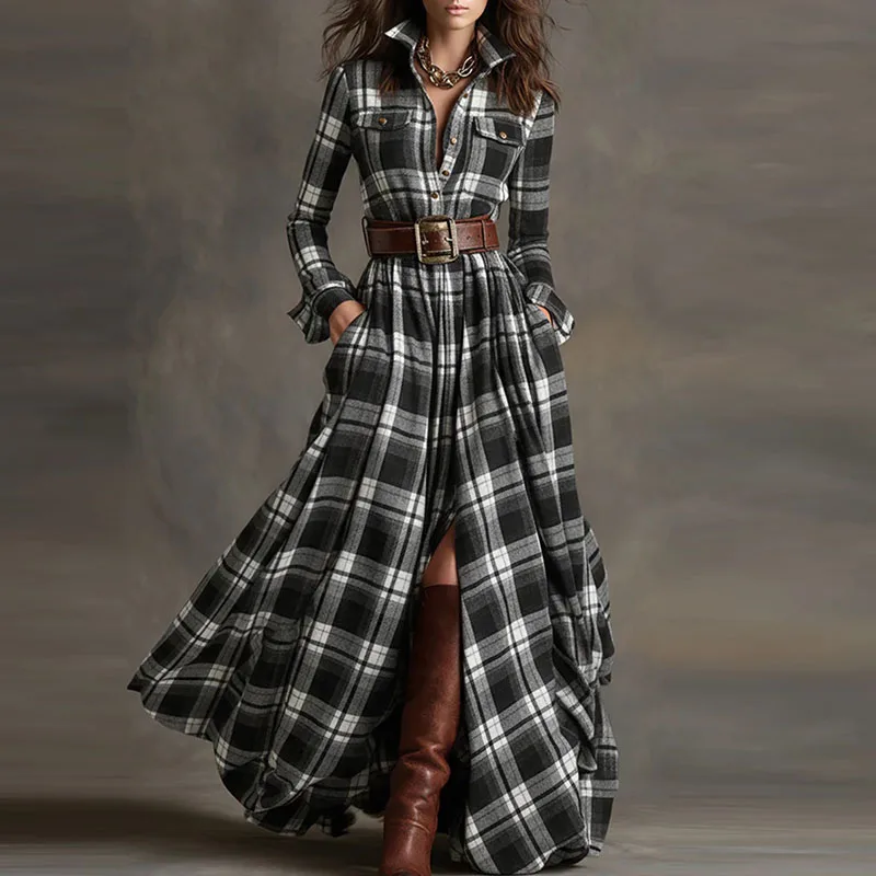New 2025 Autumn Long Sleeved Plaid Printed Dress Fashion Women's Lapel Pocket Commuting Dress Elegant Loose Pleated Maxi Dresses