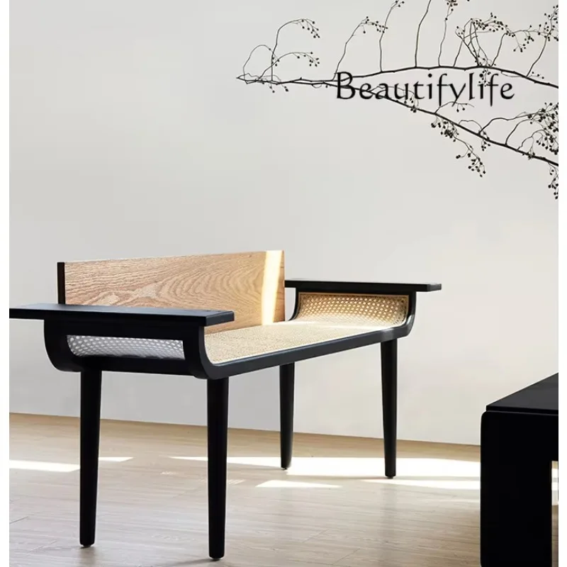 

Retro Chinese Style Solid Wood Strip Home Doorway Change Shoes Rack Household Rattan One-Piece Stool