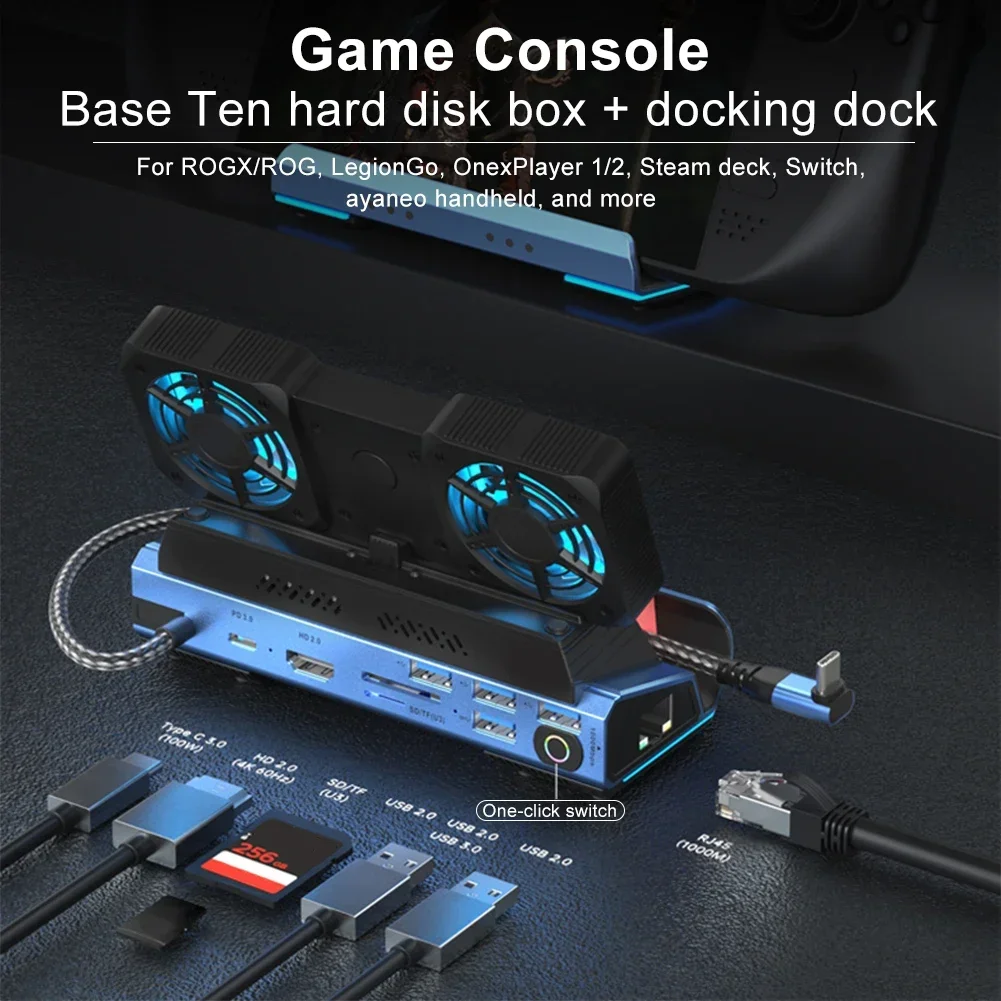 Dual Cooling Fan Docking Station for Steam Deck OLED ROG X Legion Go 4K@60Hz Output PD100W Charging Gigabit Ethernet Multi-Port