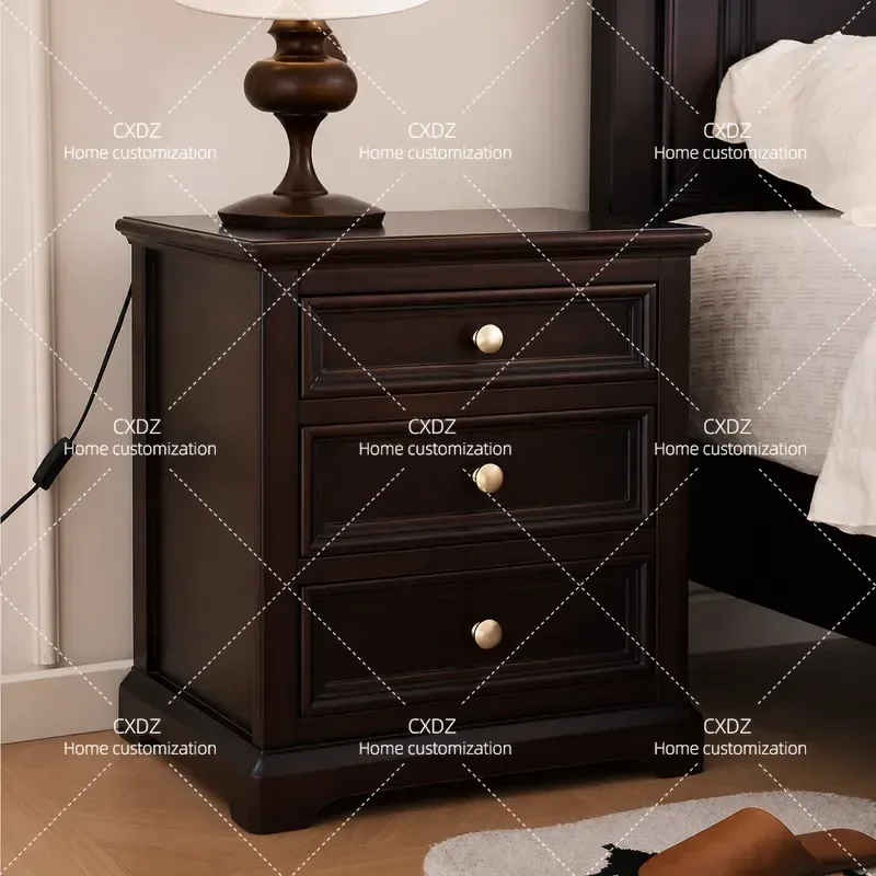 Medieval Solid Wood Bedside Table Simple Bedroom Nightstand with Drawer Storage Cabinet for Home Furniture