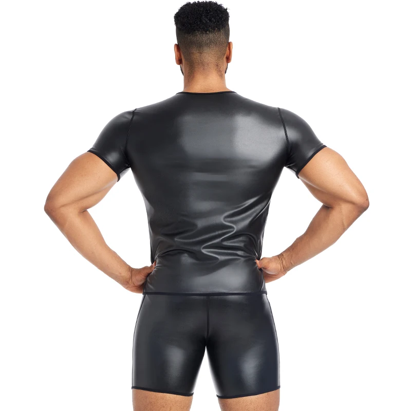 New Men\'s Black T-Shirt Faux Leather Short Sleeve Tops Male Slimming Shirt Body Shaper Waist Trainer Leather Shapewear Underwear