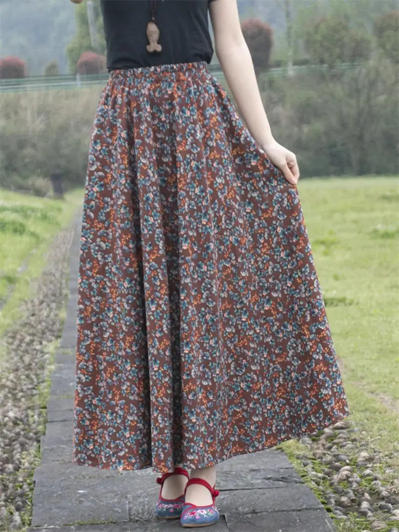 

Women's Floral Print Cotton Linen Skirt - Spring Summer Boho Ethnic Retro A-Line Midi Elastic Waist Artistic Design Skirt G388