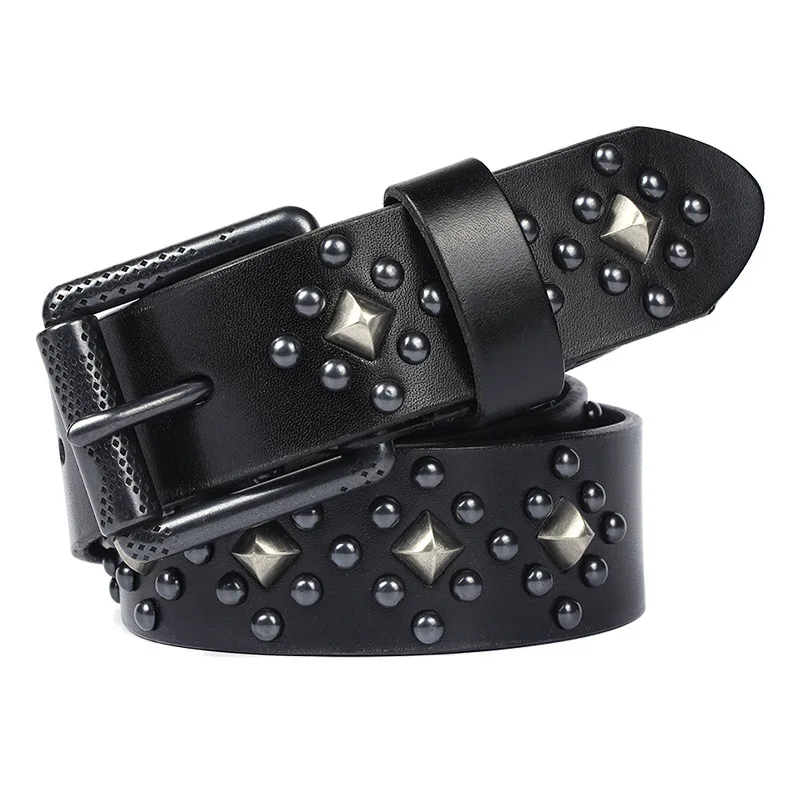personalized rivet head layer cowhide belt with needle buckle punk style sweet and cool real leather belt for men and women