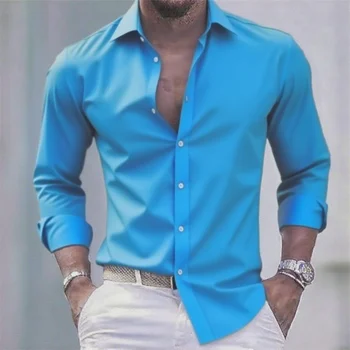 Solid Color Men's Casual White Shirt, Fashionable Casual Long Sleeve Stretch Fabric, Business Formal Shirt, Comfortable Fabric 5