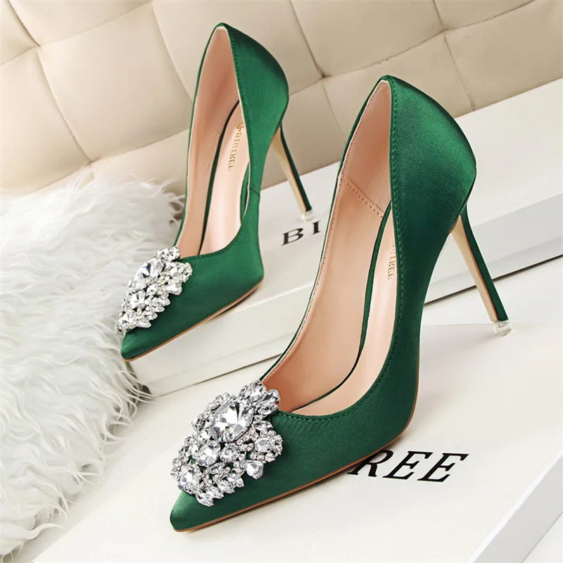 Silver Solid Women Bridal Wedding Shoes Faux Silk Satin Rhinestone Crystal Pointed Tip Shallow Buckle Thin High Heel Shoes