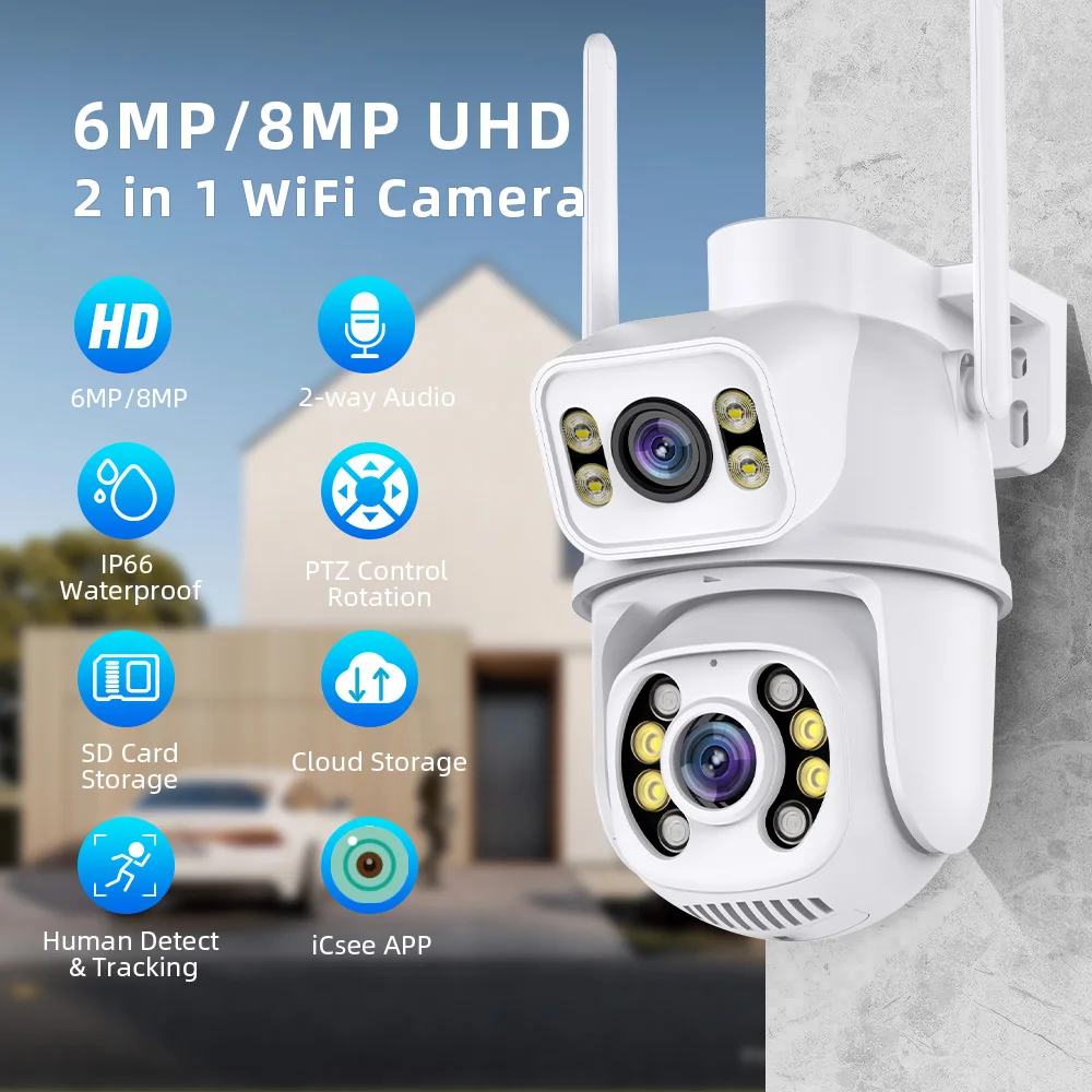 Wifi Surveillance Cameras 8MP Dual Lens Security Protect CCTV Camera Outdoor Human Detection Wireless PTZ IP Camera ICSee Lenovo