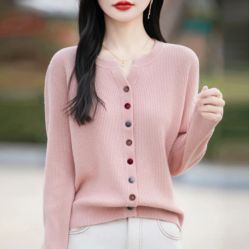 Women Notch Collar Colorful Buttons Ribbed Knit Cardigan Slim Long Sleeve Sweater