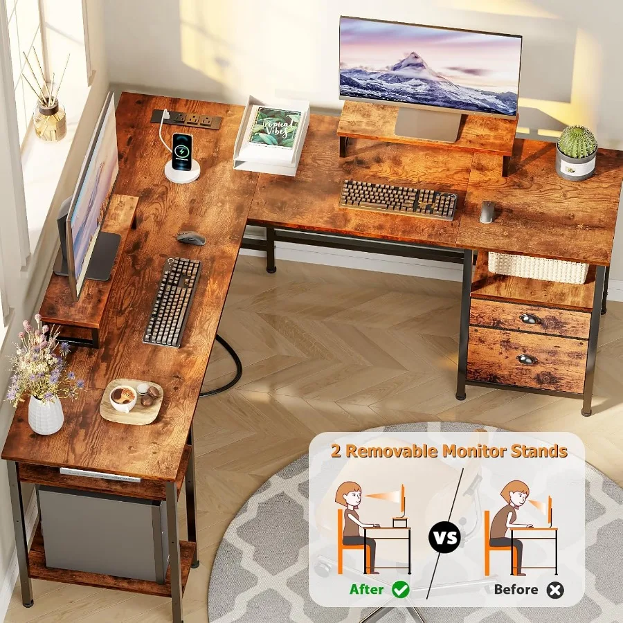 مكتب على شكل 59 لتر مع مخرج طاقة مكتب كمبيوتر قابل للعكس مع درج ملف 2 شاشة تقف ركن طاولة مكتب منزلية مع Sto #5