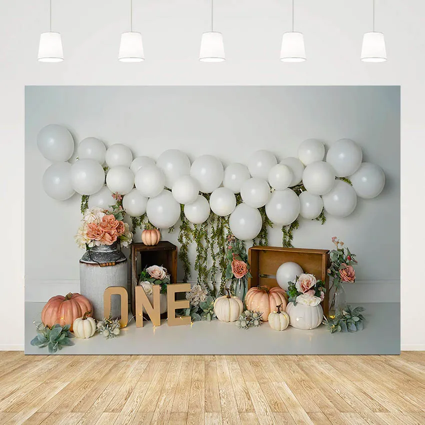 

Mehofond Pumpkin Floral Backdrop Grassland Princess Kid 1st Birthday Background for Photography Baby Balloon Decor Photo Studio