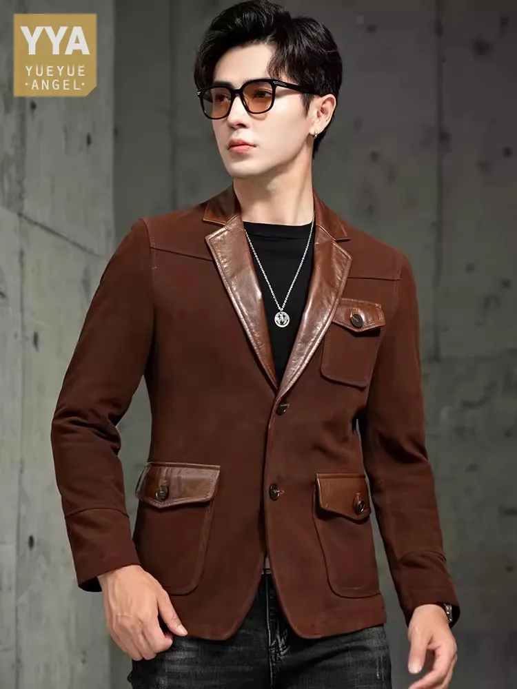 

Mens Genuine Leather Suit Jacket New Autumn Winter Outwear Vintage Slim Fit Suede Sheepskin Business Casual Blazer Coat Top