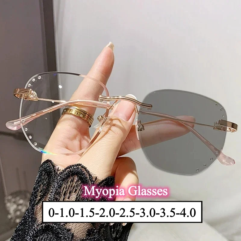 

Luxury Diamond Cut Photochromic Glasses Unisex Rimless Square Finished Myopia Women Trendy Fashion Near Sight Eyewear Sunglasses