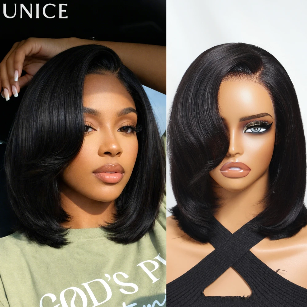 UNice Bye-Bye Slip™ 6x4 Lace Side Part Layered Bob Wig With Side-Swept Bangs Invisible Drawstring Glueless Wig Human Hair Ready To Wear 180% Density