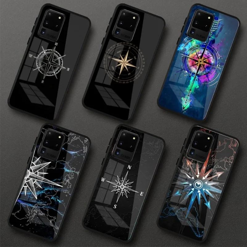 Luxury Compass Aesthetic Phone Case for Samung S23 S22 S21 Pro Ultra A13 A33 A53 NOTE 20 PC Glass Phone Cover Funda