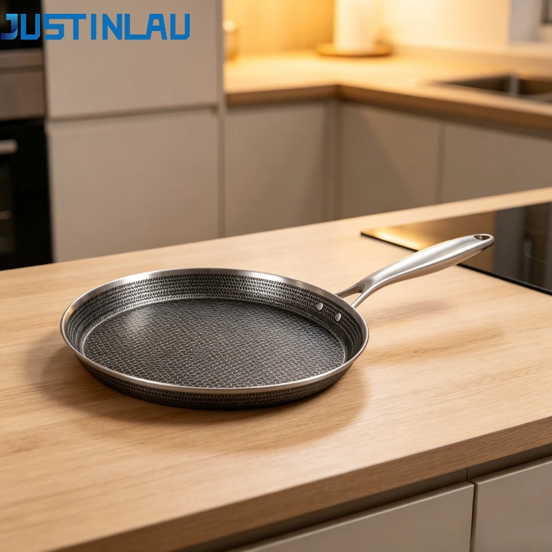 JUSTINLAU Pizza Pans Non-stick Honeycomb Frying Pan 304 Stainless Steel Ergonomic Handle Kitchen Multi-functional Pancake Pan