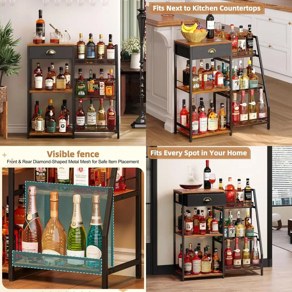 

Отдельностоящий 3-ярусный домашний барный шкаф с выдвижным ящиком и ступенчатой винной полкой для виски и крепких напитков