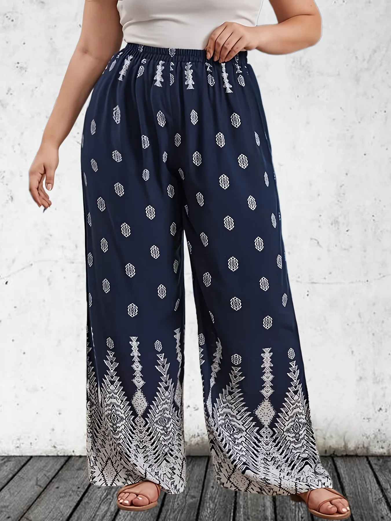 Damskie Plus Size 1XL-5XL Casual Printed Wide Leg Pants Ladies Fashion Loose Fit High Waisted Elastic Long Pants