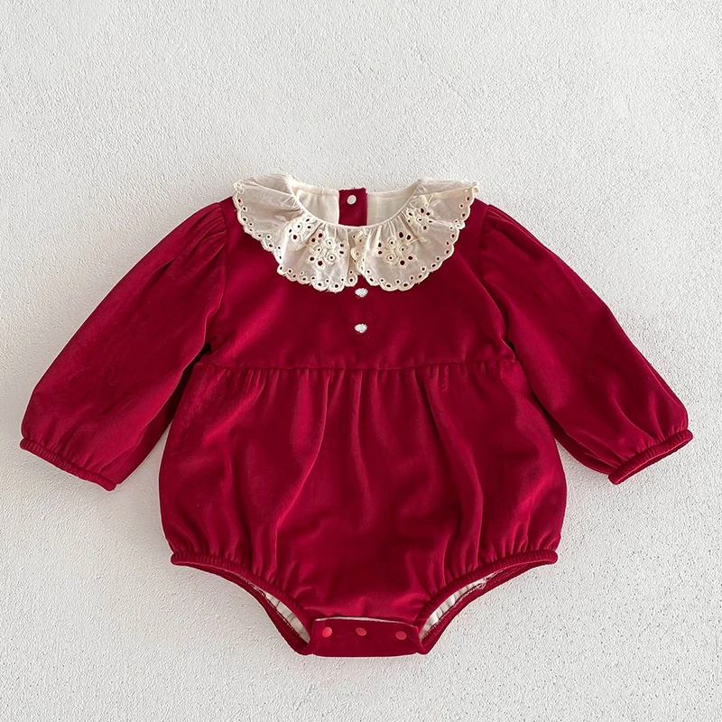 2024 New Winter Christmas Baby Thicken Clothing Newborn Baby Girls Thicken Bodysuits Lace Splicing Korean Style Climbing Suit