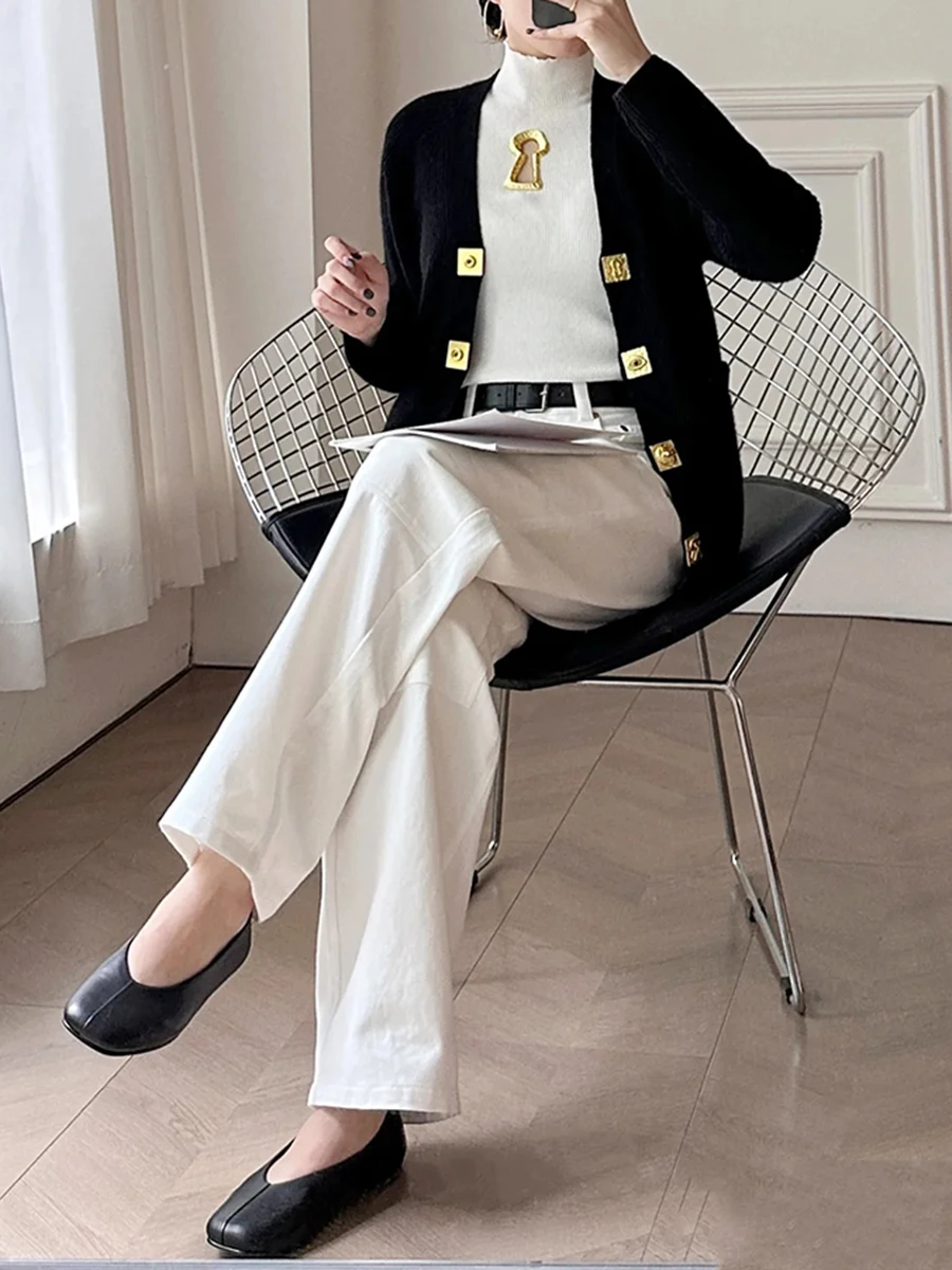 VGH Casual Nozioni di base Tasche impiombate Maglione sottile per le donne Scollo a V Maniche lunghe Patchwork Bottoni in metallo Cardigan Donna Autunno Nuovo