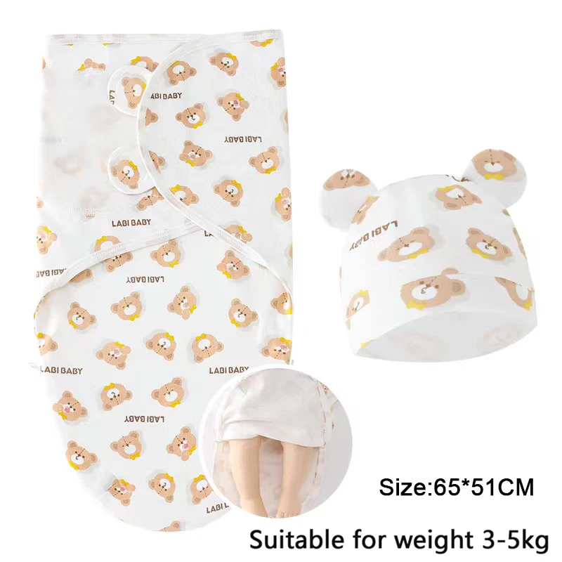 Zíper bebê cobertor chapéu conjunto dos desenhos animados impresso algodão recém-nascido swaddle ajustável infantil dormir swaddle envolve todas as estações