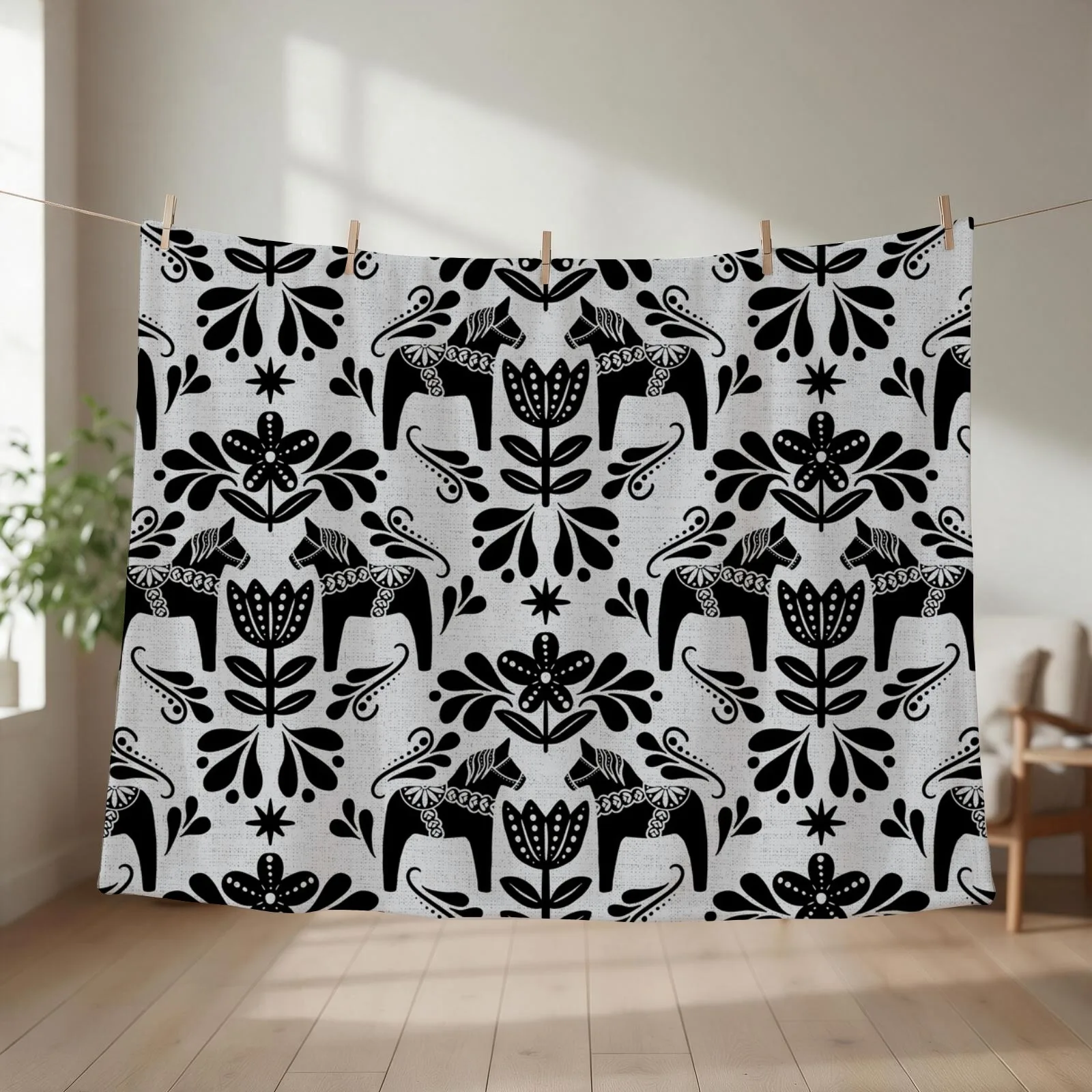 Folk Art Dala Horse - Black and Grey Throw Blanket couch cozy soft plush fuzzy picnic outdoor blanket
