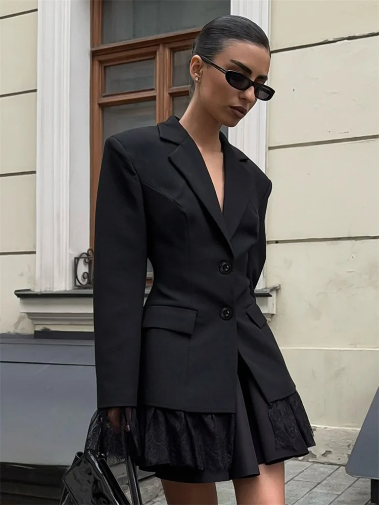 Spring Lace Patchwork Blazers Coat For Women Lapel Commute High Waist Long Sleeve Printed Streetwear Female Suit Outwear view 6