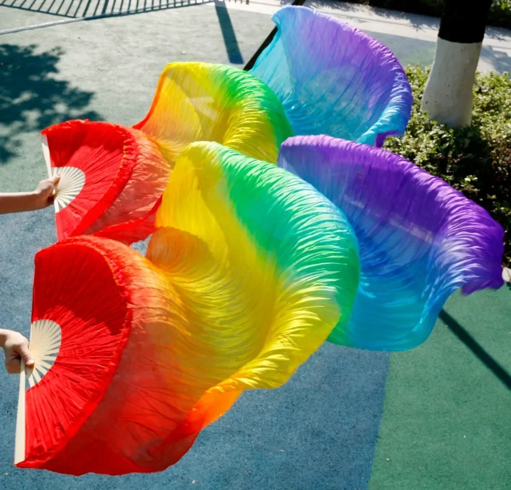 2018 heißer Verkauf Frauen echte Seide Bauchtanz Fan Schleier von Bauchtanz Fans Regenbogen farbe (2 stücke)