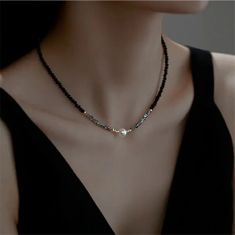 

Natural Freshwater Pearl Black Spinel Beaded Women Necklace Female Retro High Sense Niche Design Simple Versatile Clavicle Chain