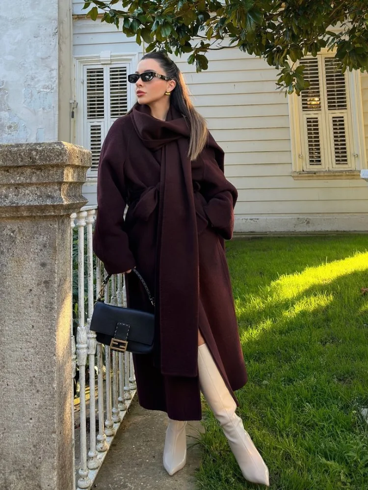 Fashion Burgundy Scarf Collar Wool Blend Overcoat Women Elegant Long Sleeve Belt Long Coat 2024 New Lady Chic Commute Outerwear