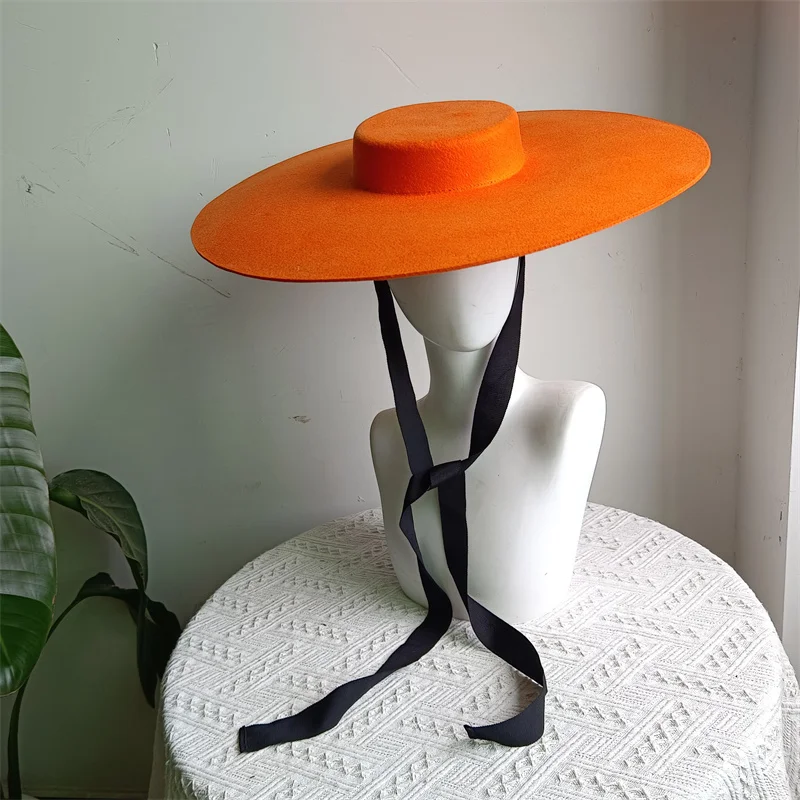 Orange 15cm wool oversized brim catwalk South Africa new fashion simple woolen short top hat ladies wool felt bandage flat top