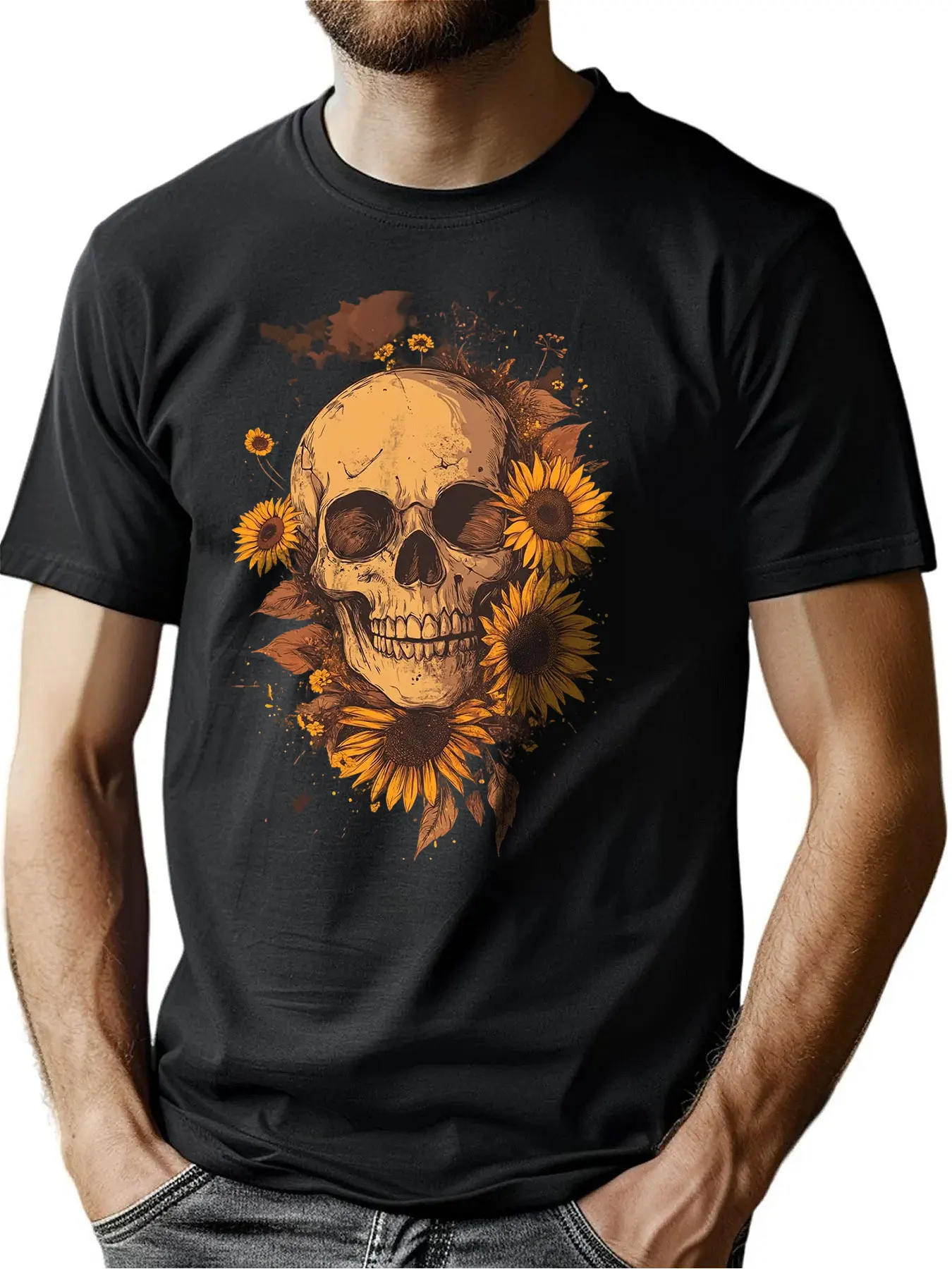 

Premium Cotton Men's Crew Neck Tee With Skull Sunflower Print Halloween Gift Outdoor Ease Machine Washable For Men