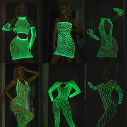 Hot Sexy Crotchless Lingerie Glow In The Dark Fishnet Bodysuit Women Luminous Perspective Jumpsuit Naughty Fantasy Nightwear